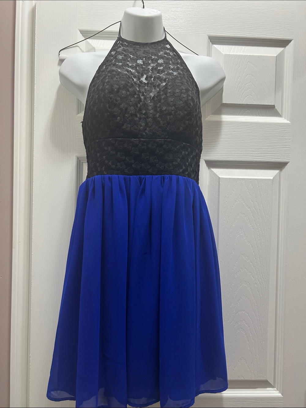 Source Unknown Black Lace Halter with Royal Blue Skirt Mini Dress
